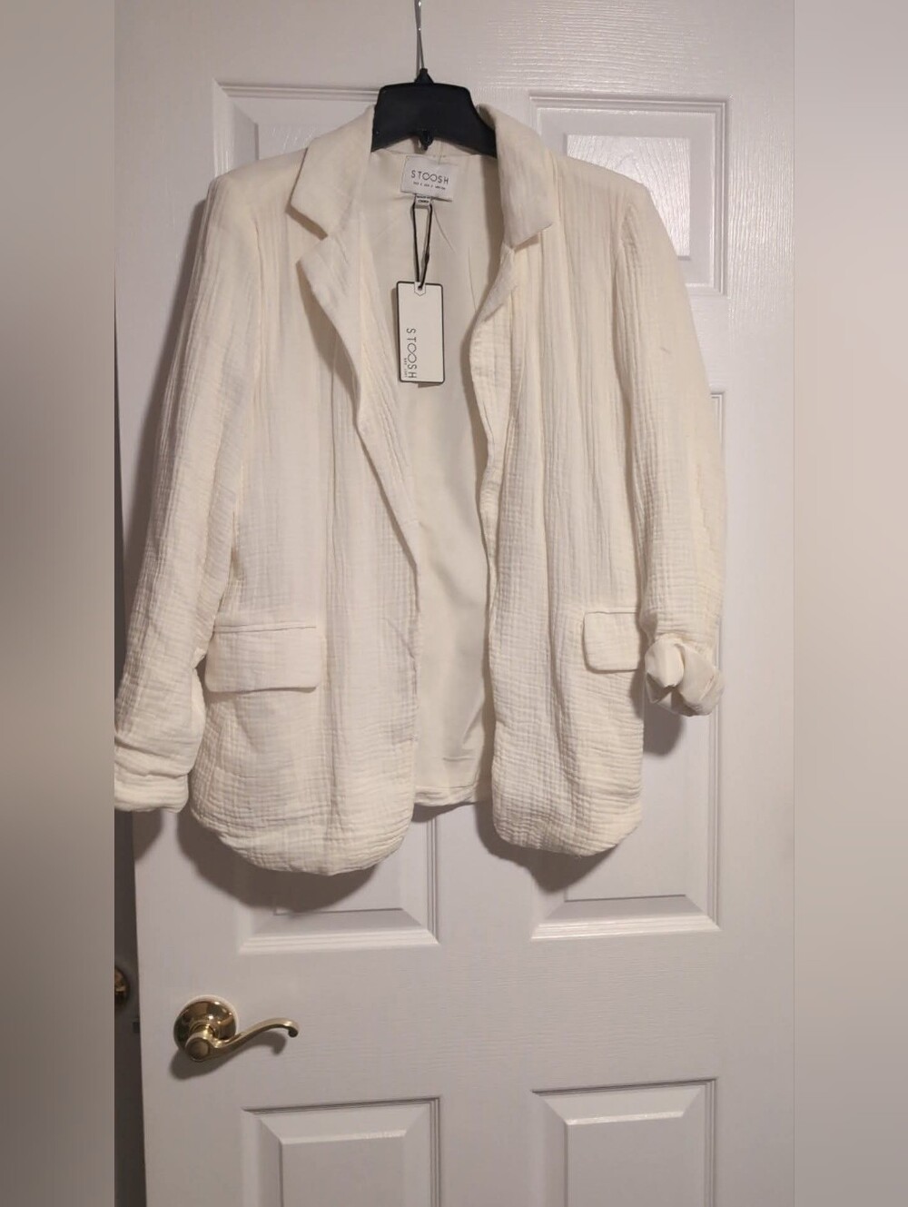 Stoosh White Double Gauze Cotton Blazer Ruched 3/4 Sleeve Jacket